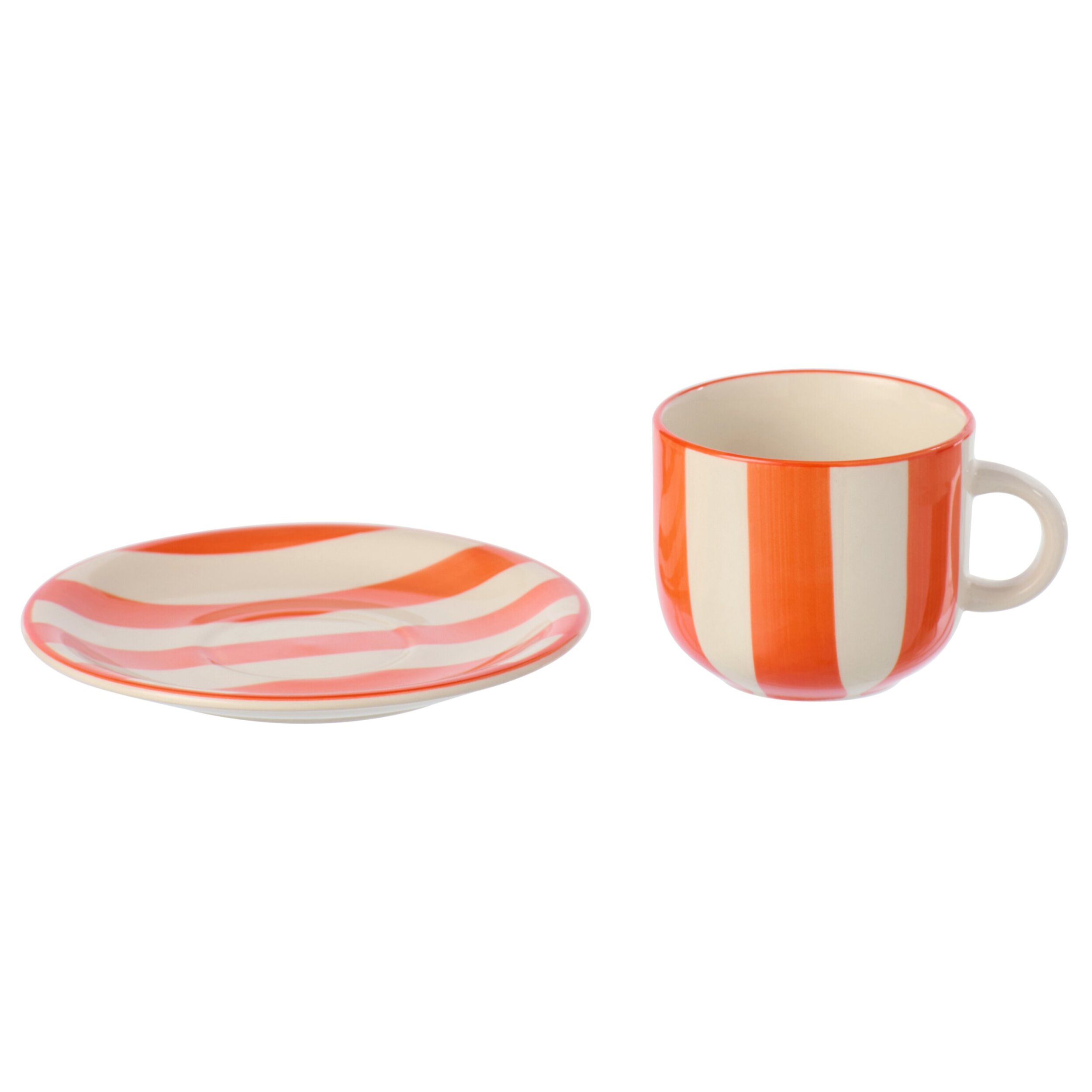 J-Line Tasse + Sous-tasse Ligné - céramique - orange/blanc - 6 pièces