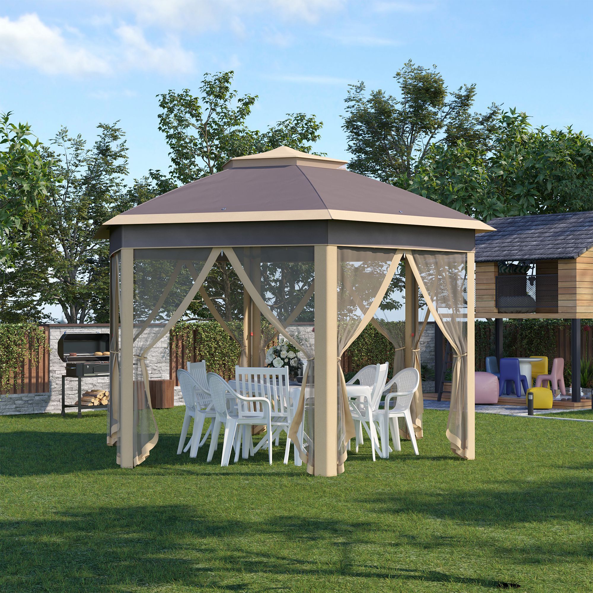 Carpa Plegable 4x3,4x2,85 m Cenador de Jardín Hexagonal con Doble Techo 6 Mosquiteras Desmontables Bolsa de Transporte Altura Ajustable en 3 Niveles y Anti-UV Gazebo para Fiesta Patio Beige