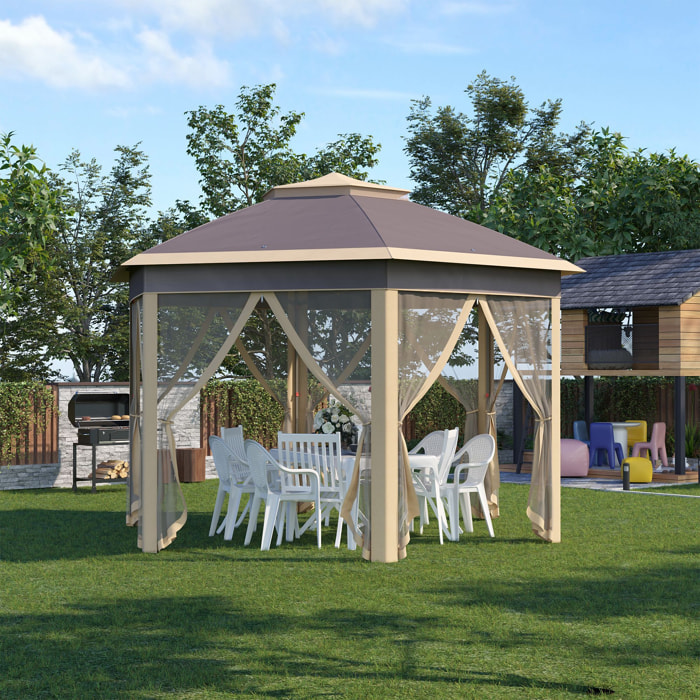 Carpa Plegable 4x3,4x2,85 m Cenador de Jardín Hexagonal con Doble Techo 6 Mosquiteras Desmontables Bolsa de Transporte Altura Ajustable en 3 Niveles y Anti-UV Gazebo para Fiesta Patio Beige