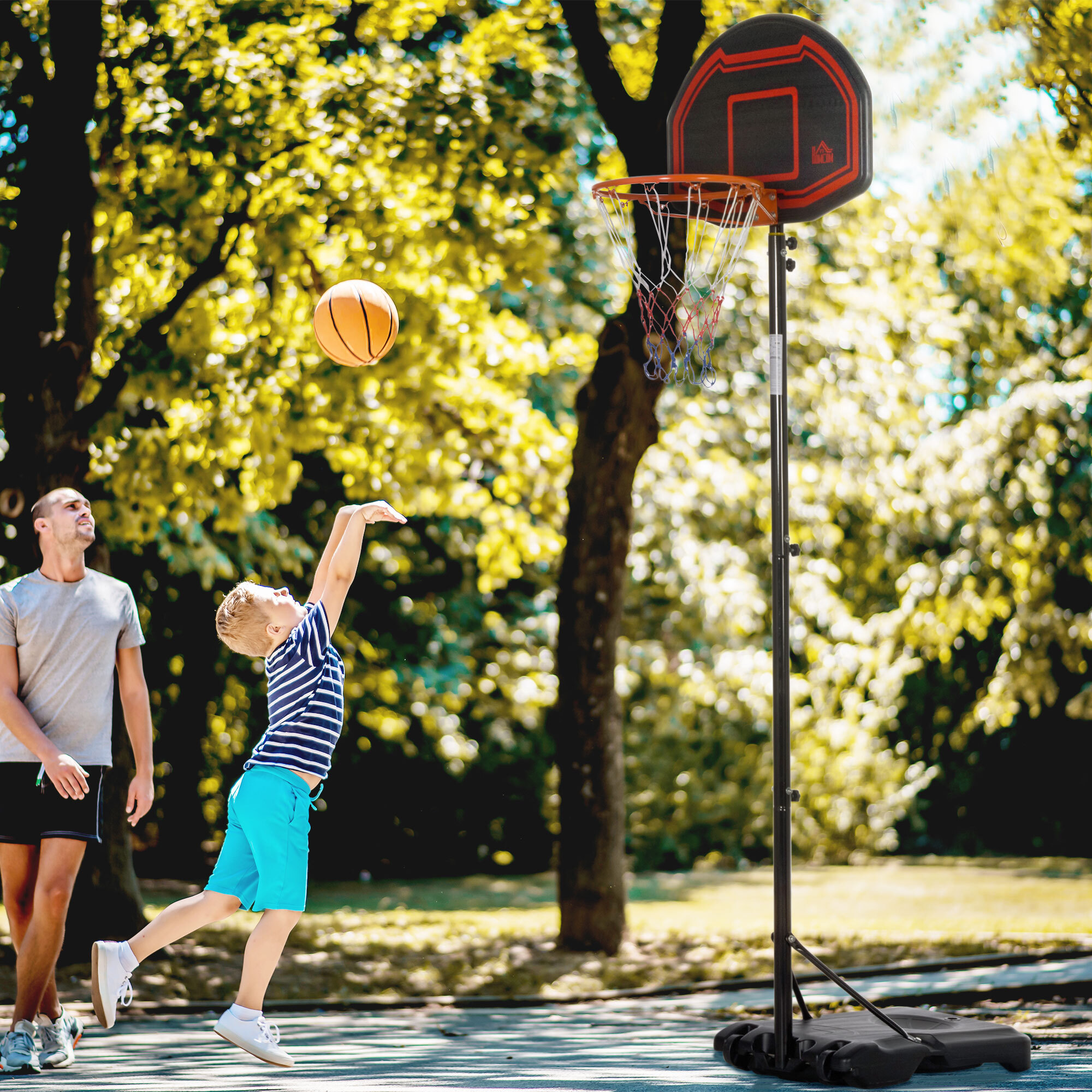 Panier de Basket-Ball sur pied avec poteau panneau - base de lestage sur roulettes - hauteur réglable 5 niveaux 2,45-2,95 m - acier HDPE noir rouge