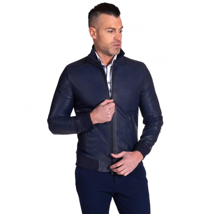 Giacca Bomber in pelle blu nappa effetto liscio