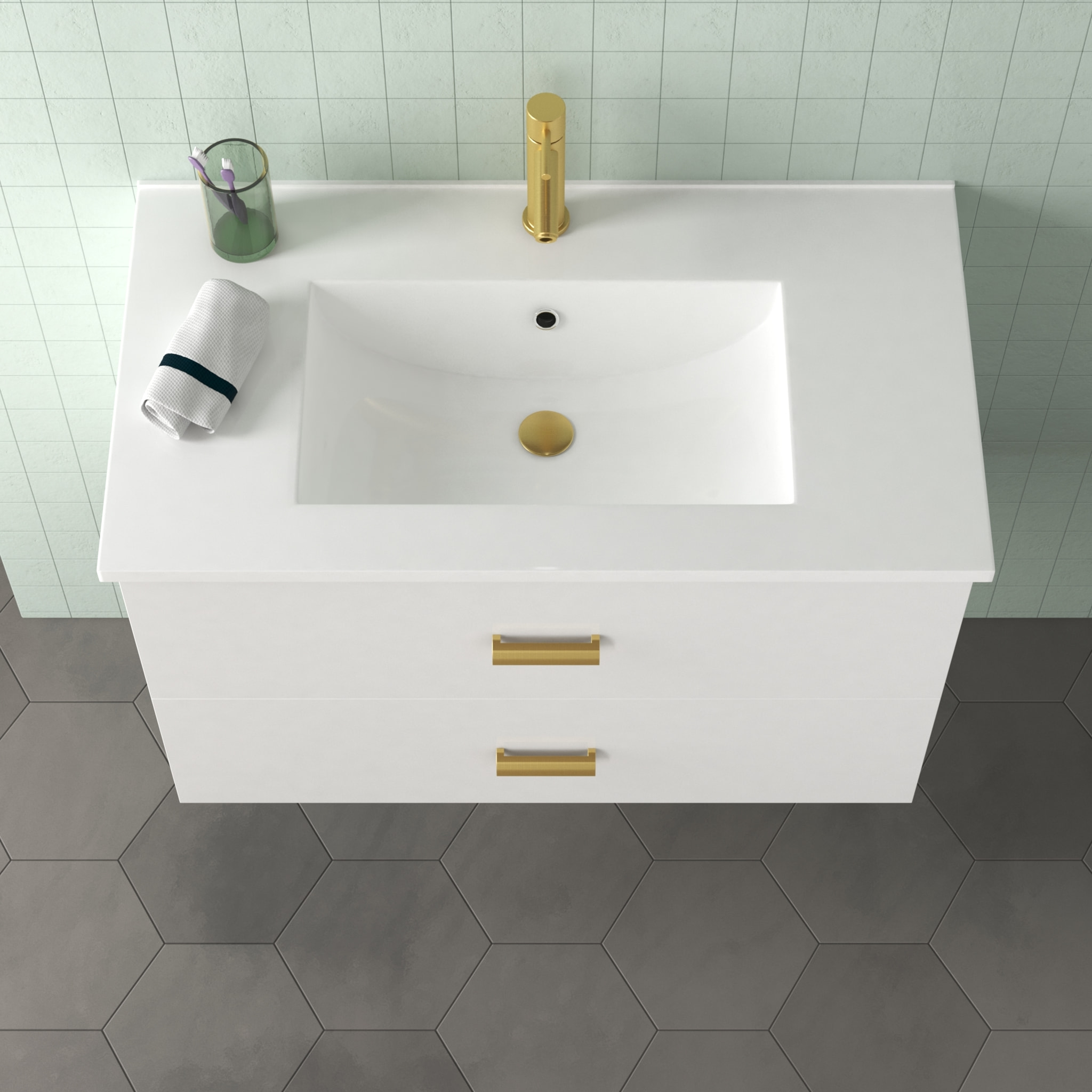 Meuble Salle de Bains 80 cm Laqué Blanc et Or Doré à Tiroirs avec Vasque Céramique et Miroir