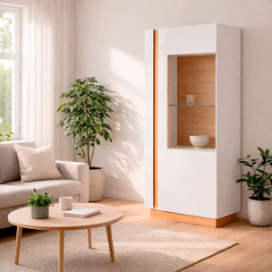 Credenza Con Vetrina Moderna Mobile contenitore Con Ripiani Interni In Truciolare Melaminico Ideale Per Soggiorno  72 x 40 x 154 cm Bianco E Rovere