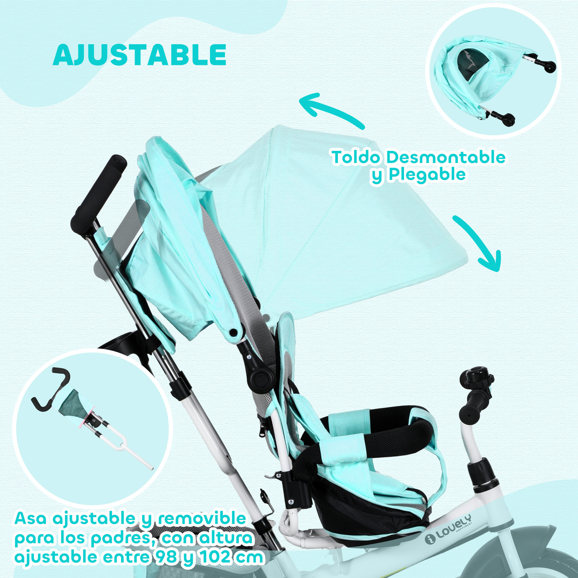 Triciclo para Bebés Triciclo Evolutivo para Niños con Toldo Plegable Mango de Empuje Telescópico y Desmontable Bolso para Mamá y Portabotellas 102x49x102 cm Verde Mint