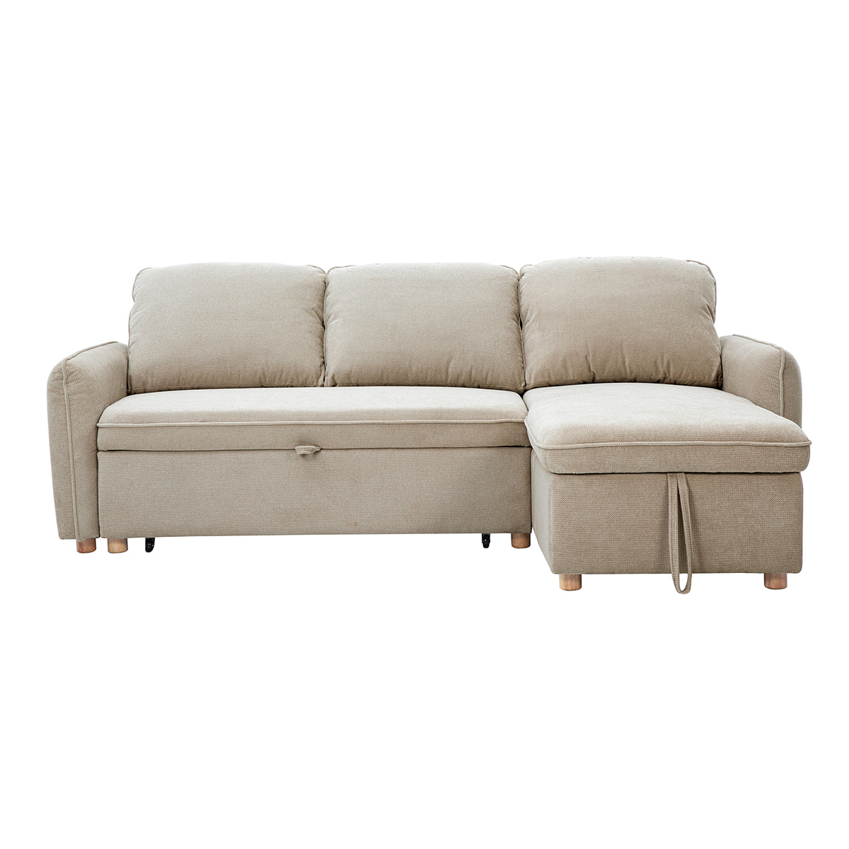 Canapé d'angle convertible réversible avec coffre 3 places en tissu chenille beige et bois clair ORSO