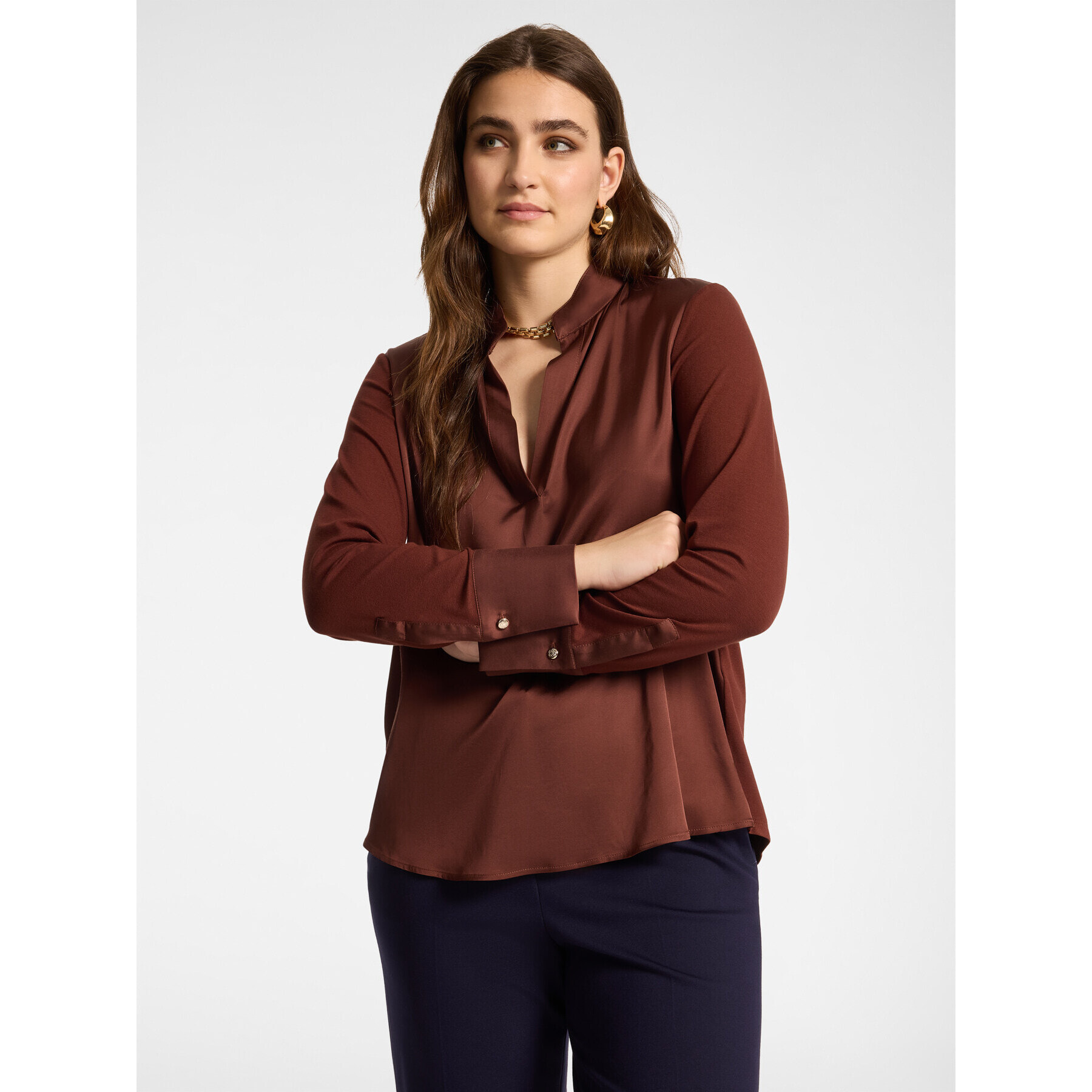 Elena Mirò - T-shirt in viscosa con collo coreana - Marrone