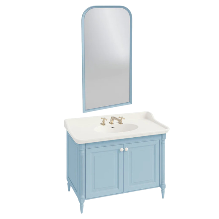 Pack meuble vasque 3 trous Cléo 1889 bleu velours + miroir + mélangeur croisillons or