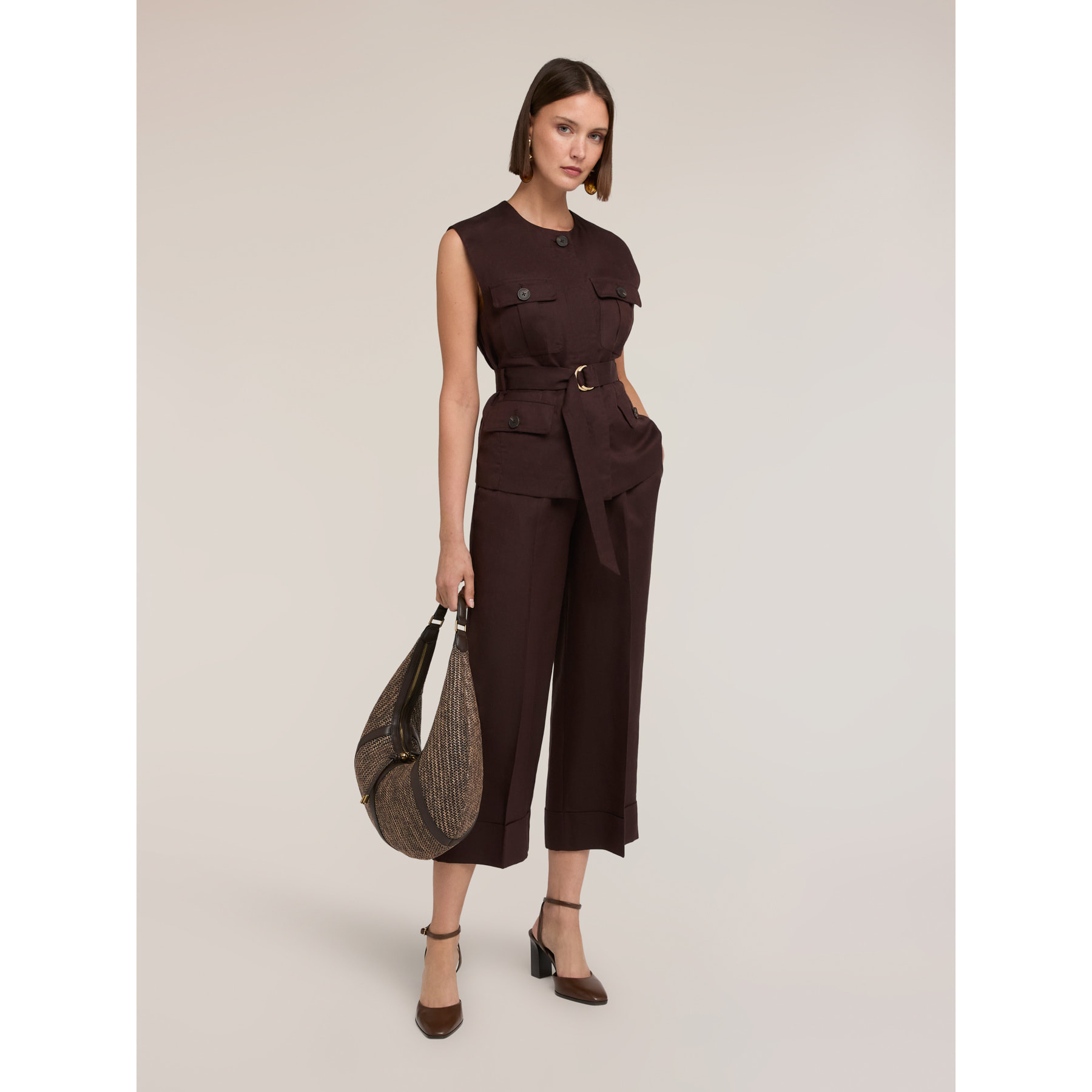 Motivi - Pantaloni cropped in misto lino - Marrone