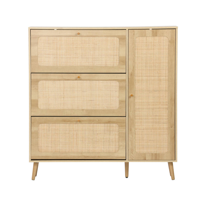 Meuble à chaussure cannage Bohème naturel. 3 tiroirs. 1 porte. 21 paires. 120 x 24 x 125 cm