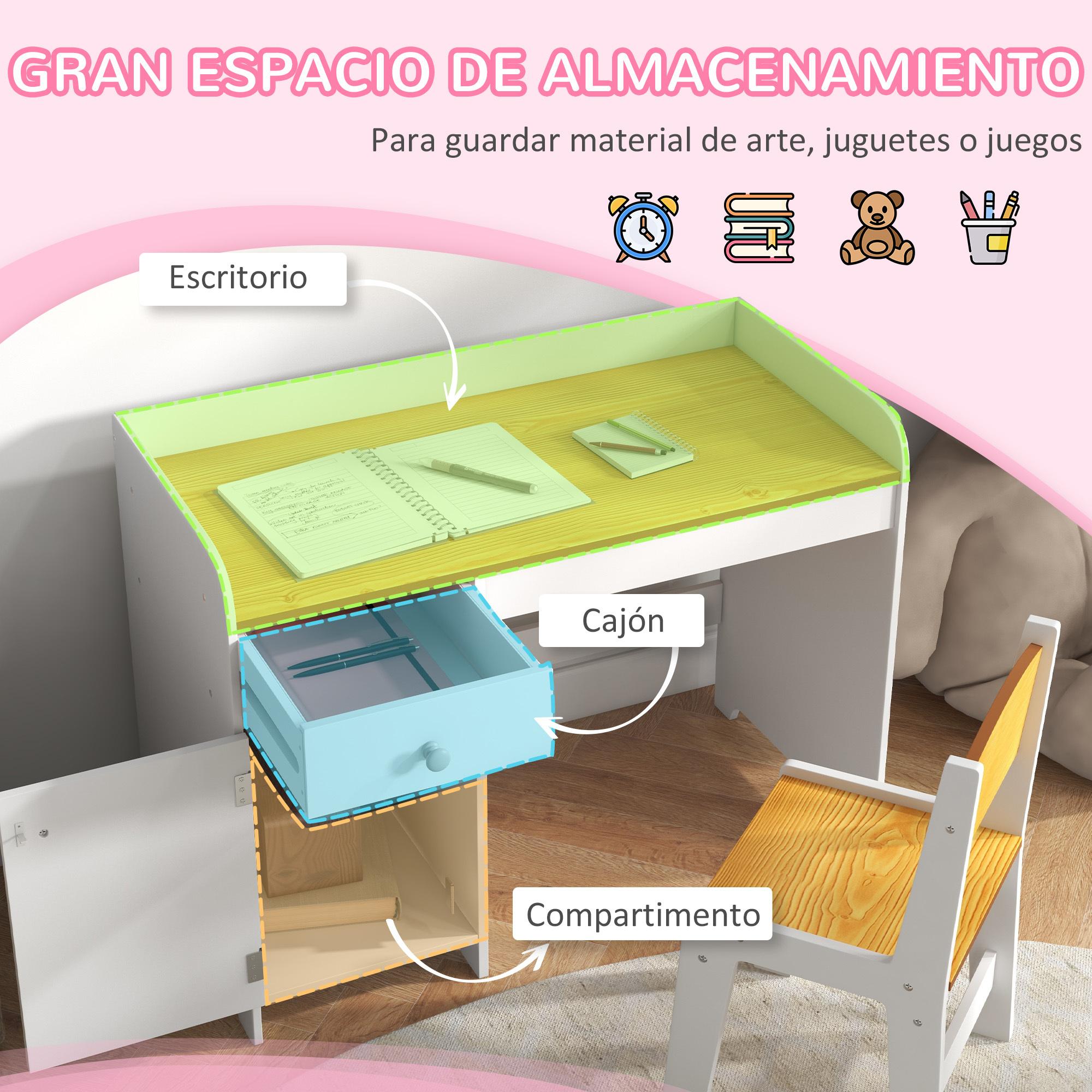 Conjunto de Escritorio de 2 Piezas Pupitre Infantil Escritorio para Niños Incluye Silla y Mesa con Cajón y Armario para Dormitorio Sala Blanco y Natural