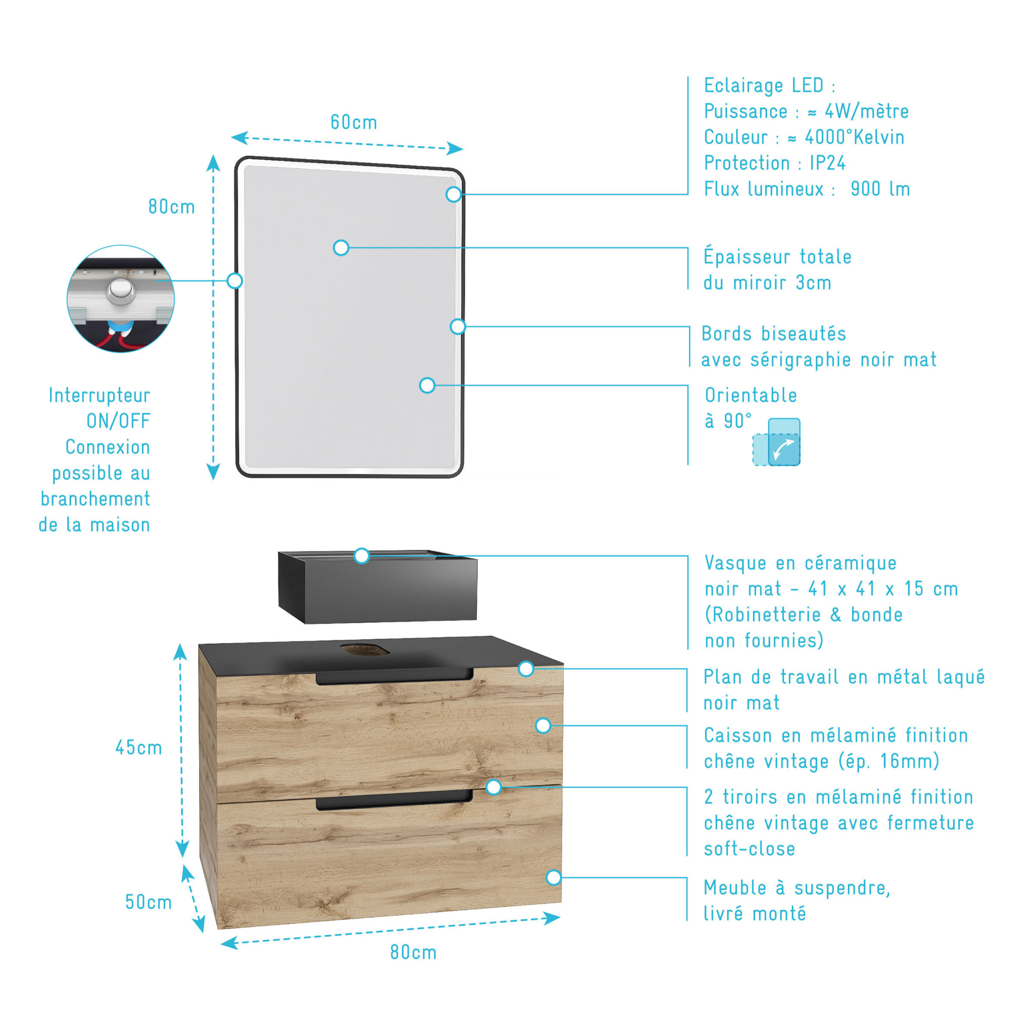 Meuble salle de bains 80 cm 2 tiroirs - Chêne et noir - Vasque carrée - Miroir Black Led - OMEGA