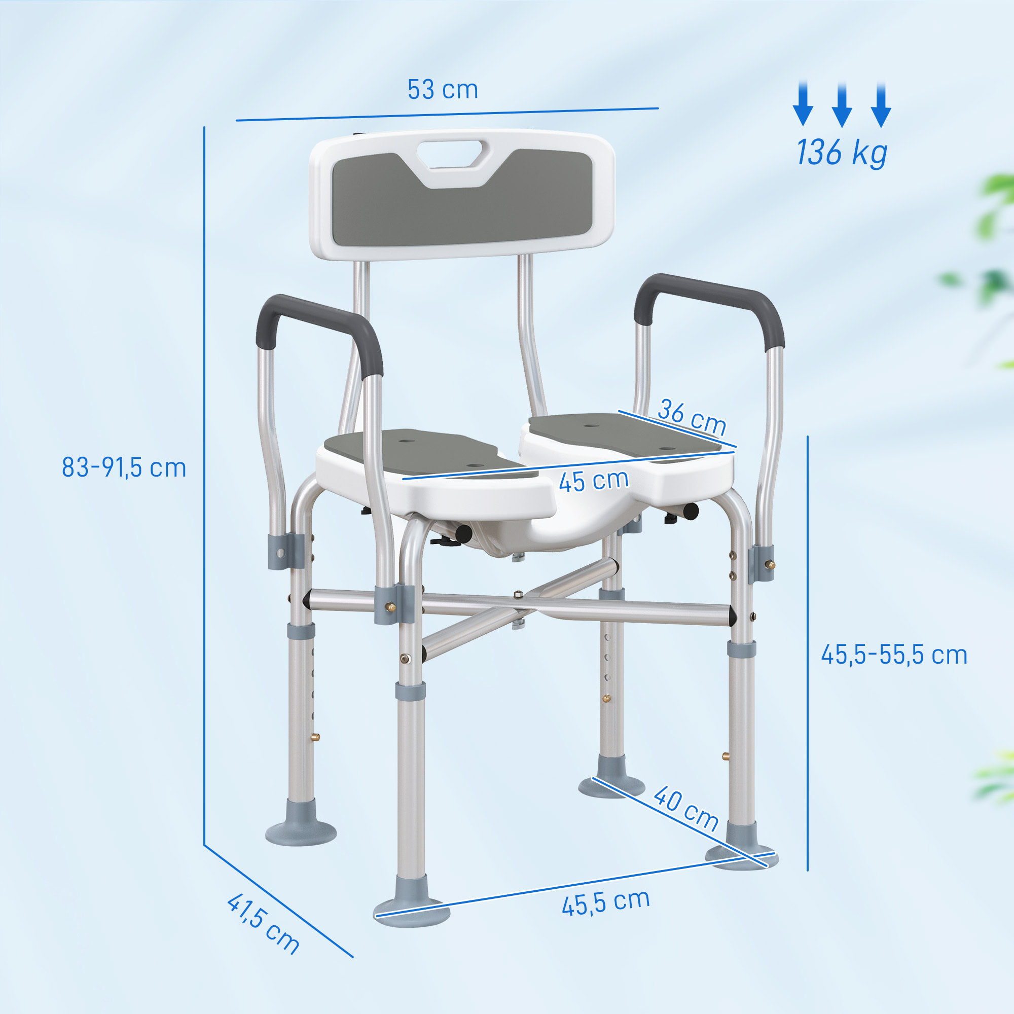 Silla Ducha Personas Mayores, Silla de Ducha con Asiento Ranurado, Altura Regulable, Taburete de Baño Antideslizante con Respaldo y Reposabrazos, Carga 136 kg, para Discapacitados, Gris