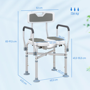 Silla Ducha Personas Mayores, Silla de Ducha con Asiento Ranurado, Altura Regulable, Taburete de Baño Antideslizante con Respaldo y Reposabrazos, Carga 136 kg, para Discapacitados, Gris