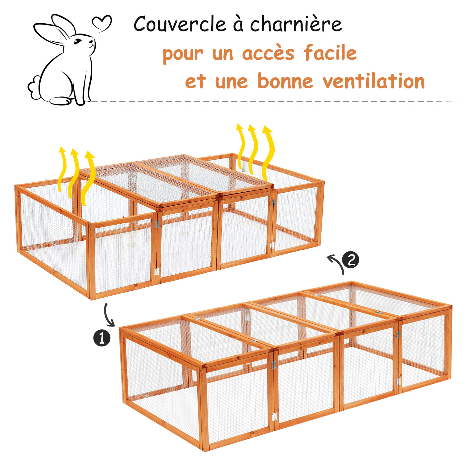 Clapier cage à lapins extérieur intérieur 2 portes supérieures 181L x 100l x 48H cm bois massif pin