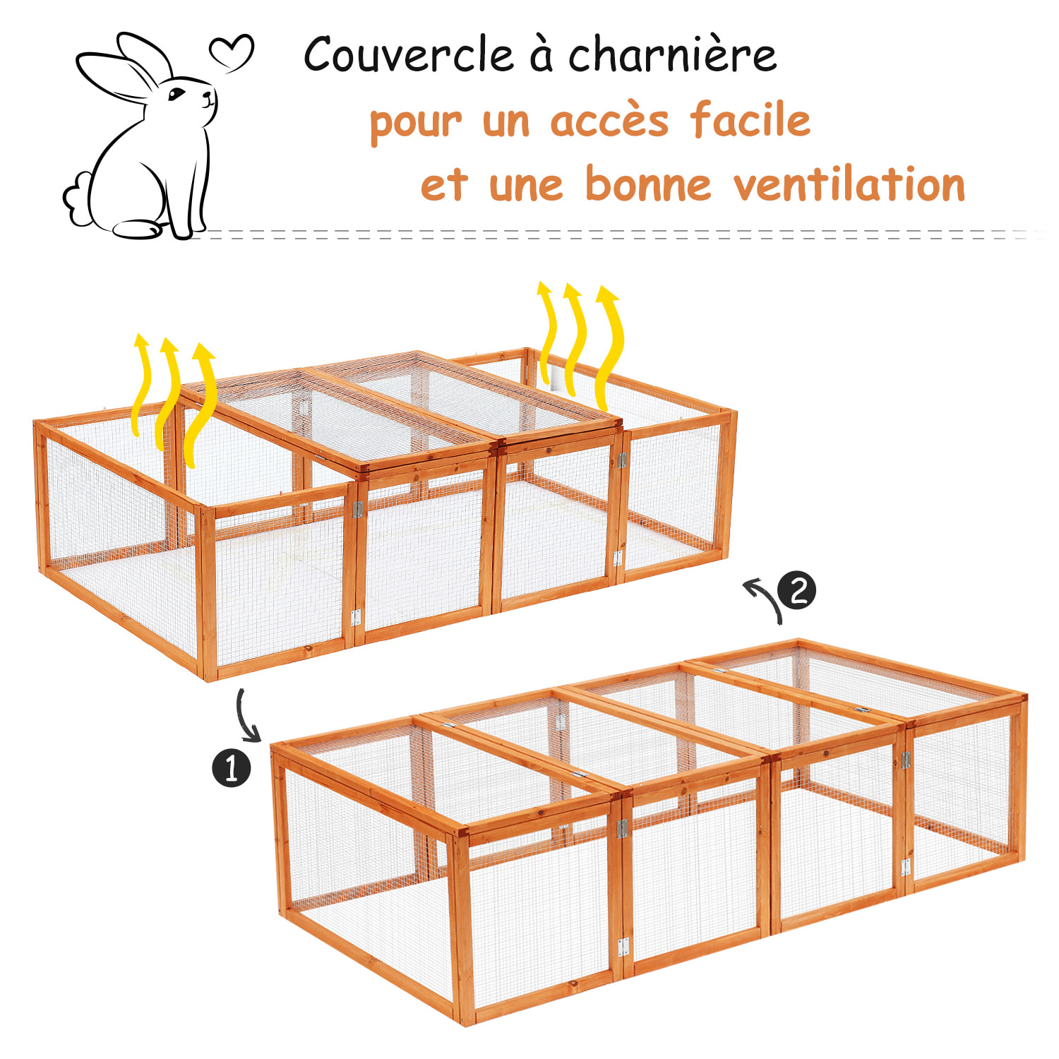 Clapier cage à lapins extérieur intérieur pliable 2 portes supérieures 181L x 100l x 48H cm bois massif pin