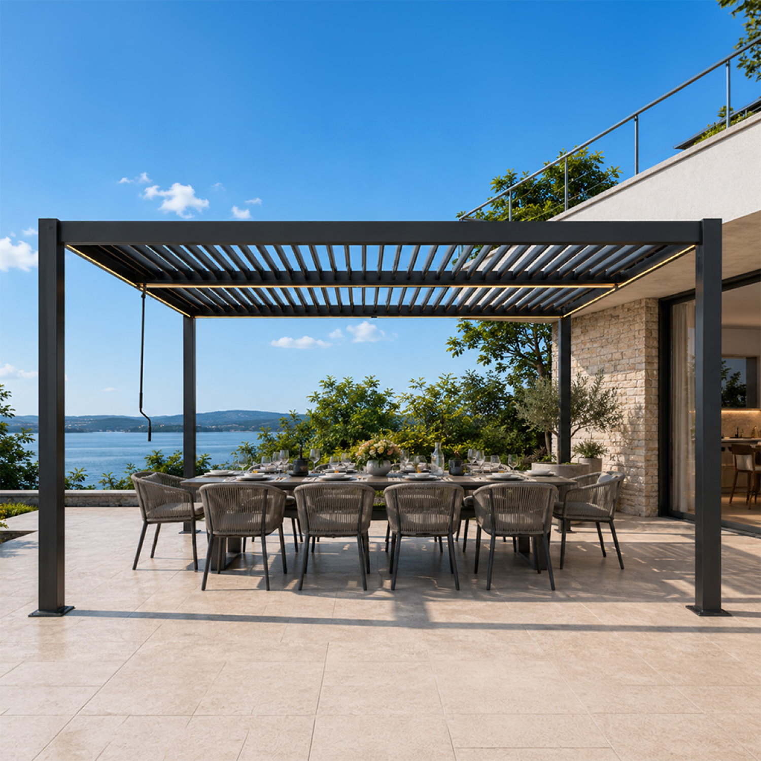 Pergola bioclimatique à LED 4x3m structure aluminium lames orientables MILL
