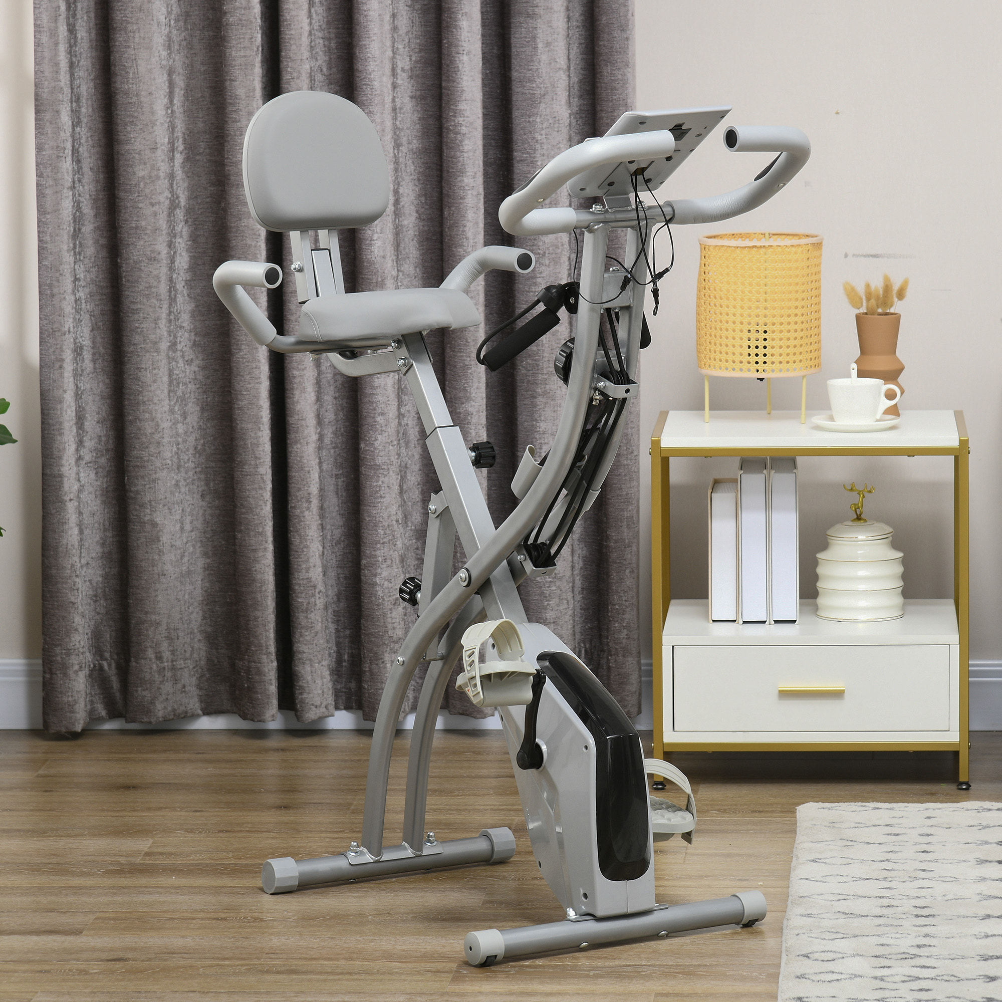 Vélo d'appartement pliant 8 niveaux de résistance magnétique dossier selle réglable poignées ergonomiques écran LCD multifonction suspensions support tablette acier gris