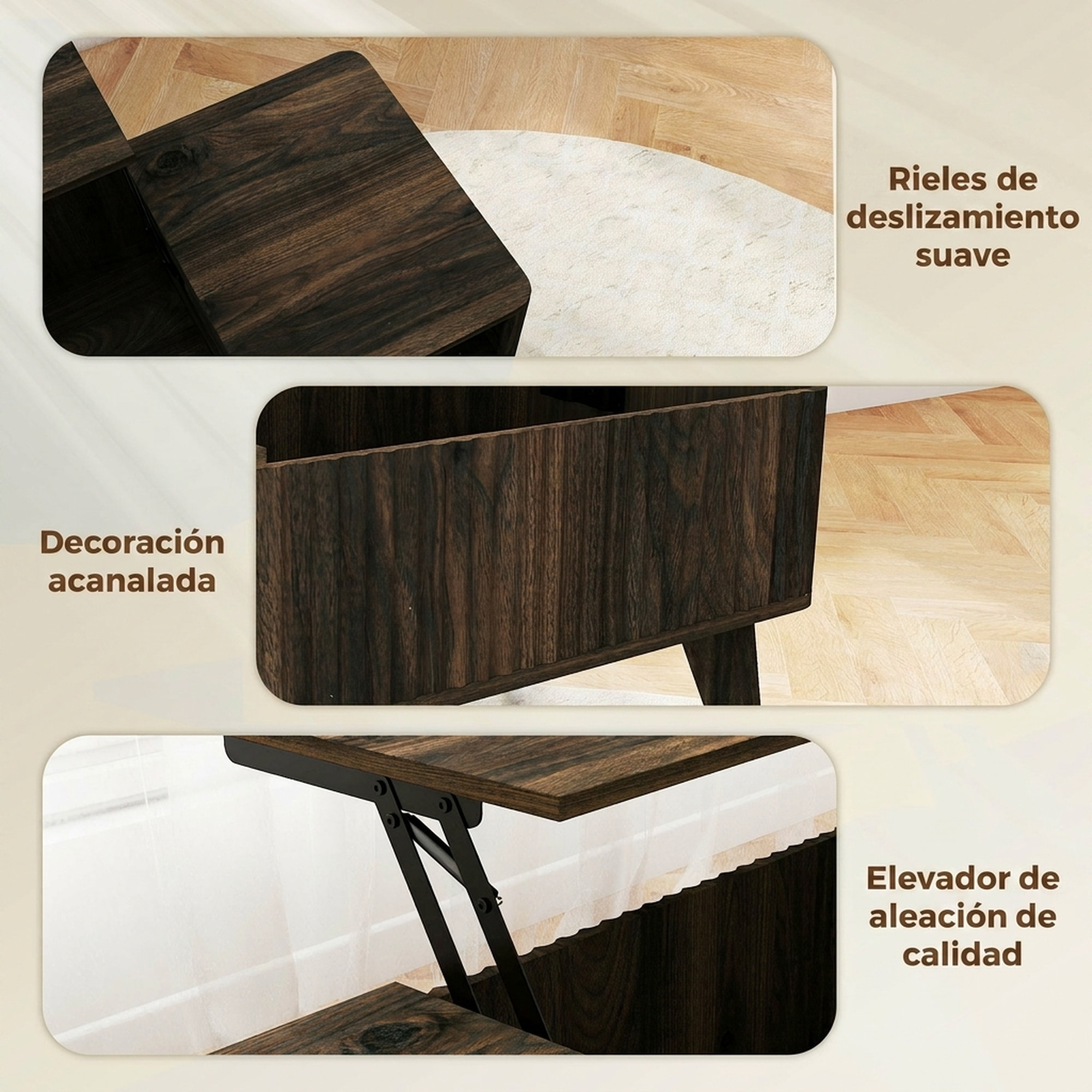 HOMCOM Mesa de Centro Elevable con Almacenaje, Mesa de Café para Salón con Compartimento Oculto, Estantes Abiertos, Frontal Ondulado y Esquinas Curvas, para Comedor, 100x48x41-56 cm, Nogal