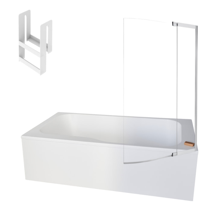 Pack baignoire bain douche 160 x 85 Malice version droite blanc mat + pare bain + étagère