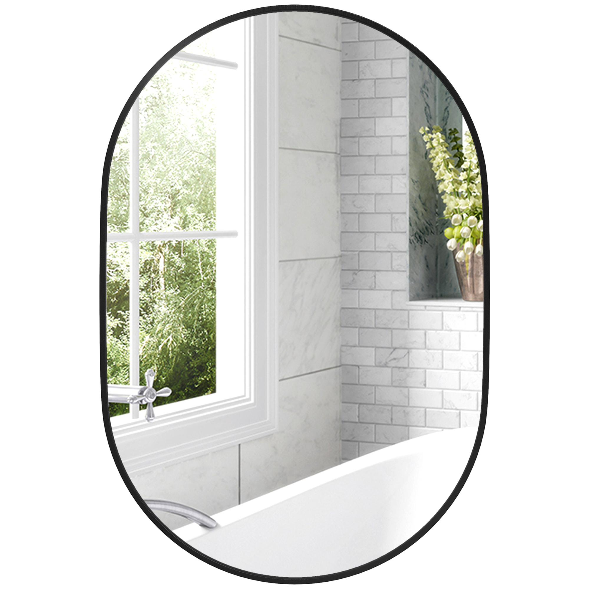 Miroir mural ovale dim. 60L x 90H cm cadre arrondi montage vertical/horizontal alu. noir