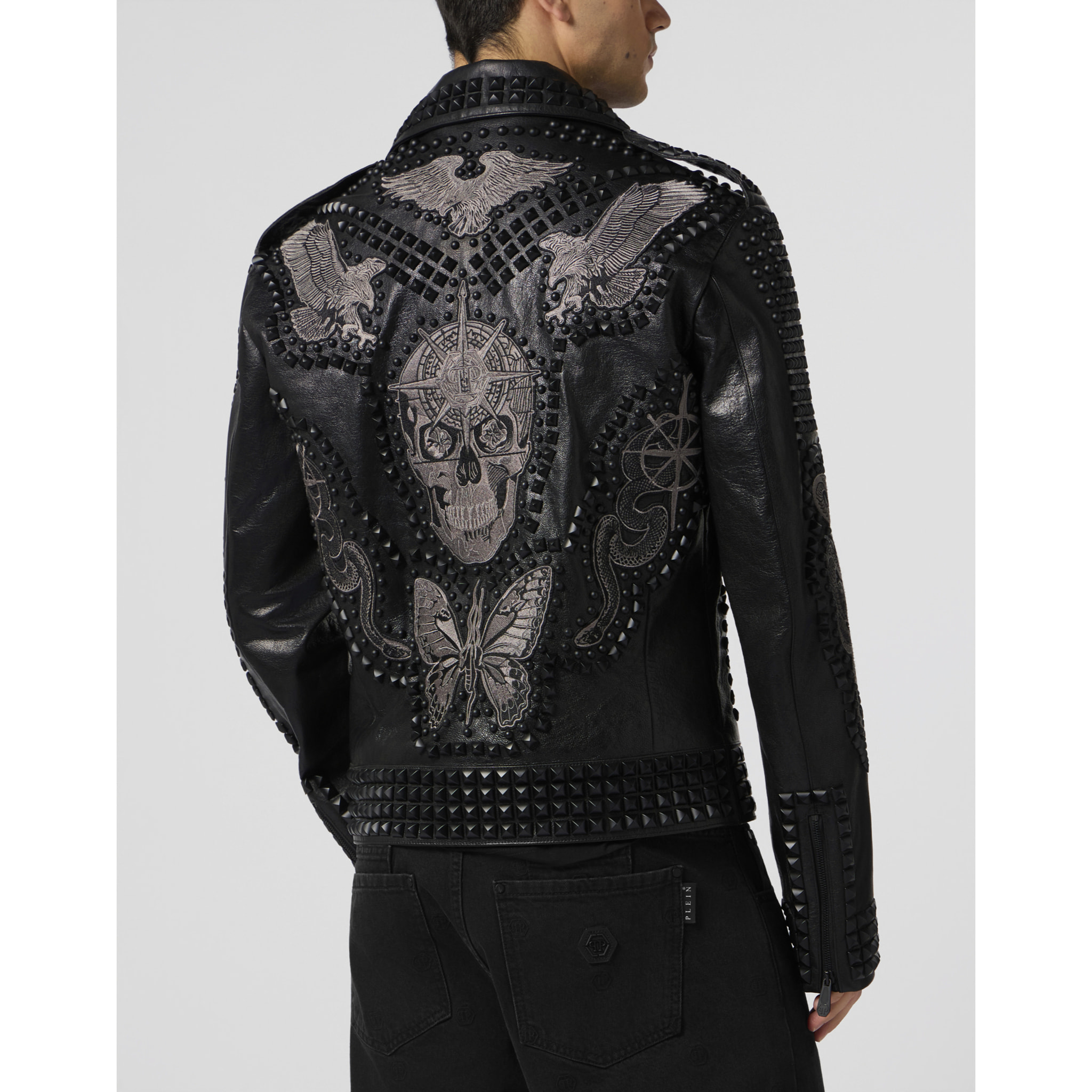 PHILIPP PLEIN Vintage Leather Biker Jacket Tattoo Patches & Studs