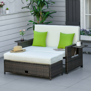 Sofá de Ratán de 2 Plazas con Mesitas y Reposapiés de Almacenaje Tumbona de Jardín con Respaldo Inclinable y Cojines Gruesos Desenfundables 130x72x96 cm Marrón y Beige
