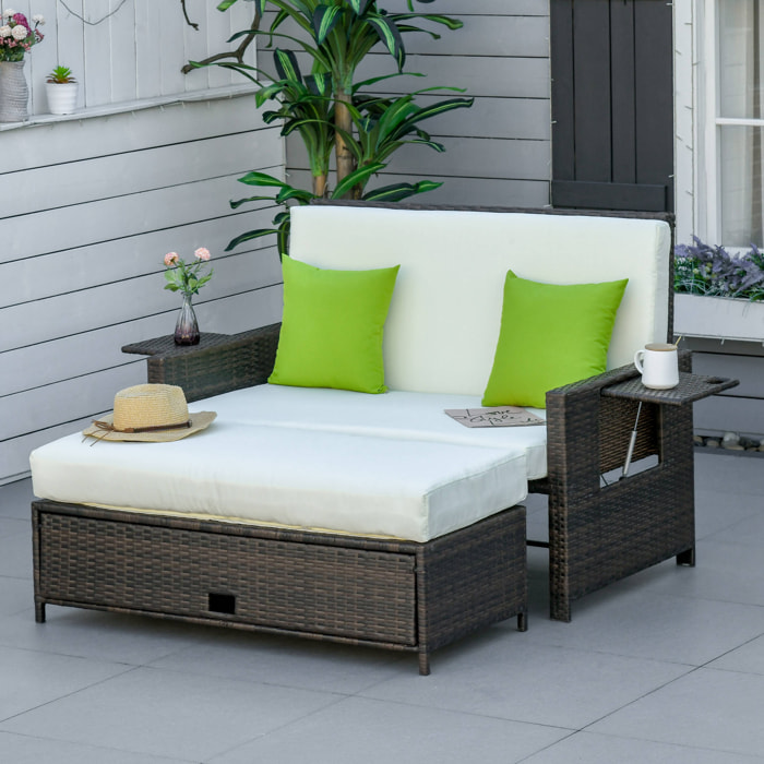 Sofá de Ratán de 2 Plazas con Mesitas y Reposapiés de Almacenaje Tumbona de Jardín con Respaldo Inclinable y Cojines Gruesos Desenfundables 130x72x96 cm Marrón y Beige