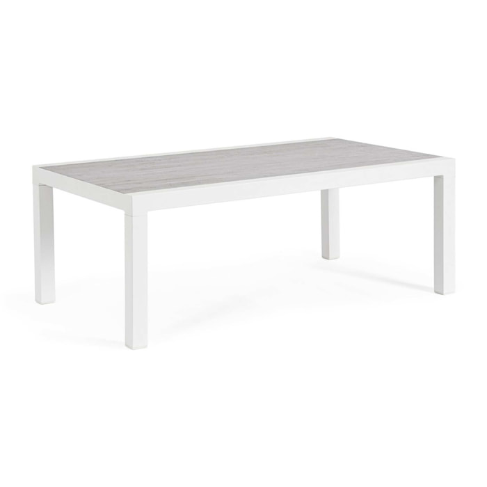 Tavolino da giardino OVIEDO con piano in ceramica e struttura in alluminio bianco, 120×70 cm