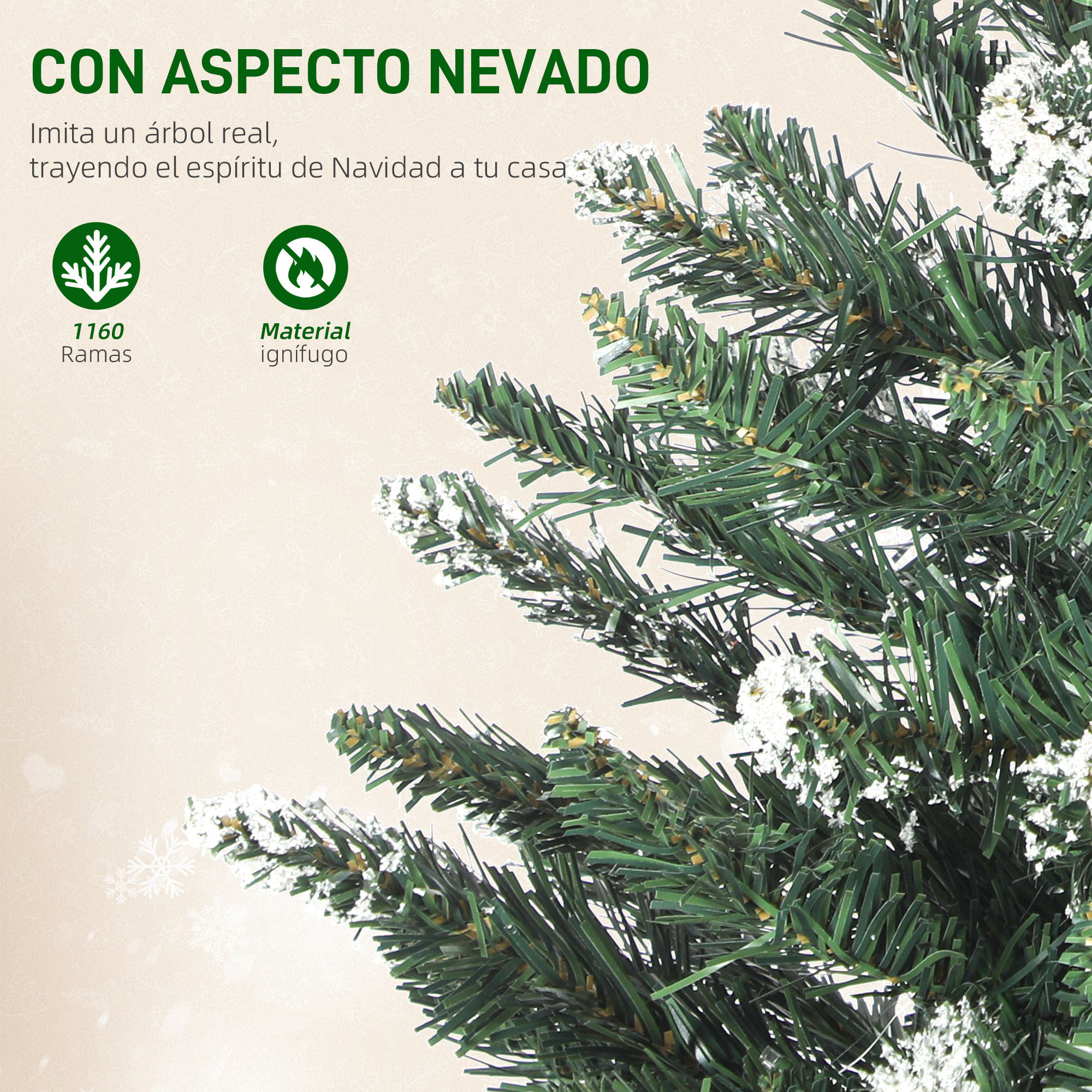 Árbol de Navidad 210 cm, Árbol Navideño de Abeto con Luces LED, 9 Modos de Iluminación, 1160 Ramas con Nieve Artificial, Soporte Metálico, Fácil de Montar, Verde