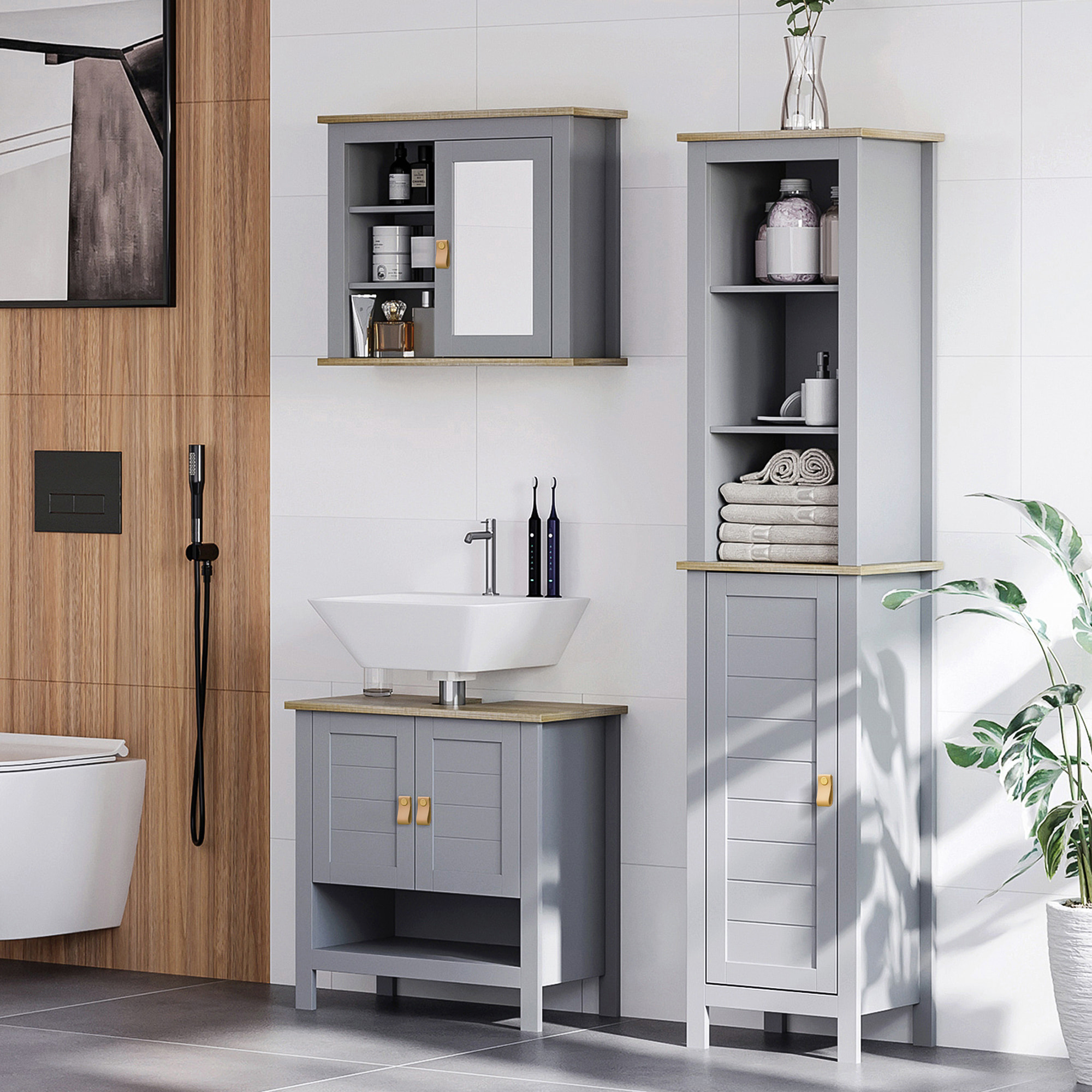 kleankin Armario Alto de Baño Mueble Columna Estrecho Moderno con 1 Puerta Estante Ajustable y 3 Compartimentos Abiertos 39x30x168 cm Gris
