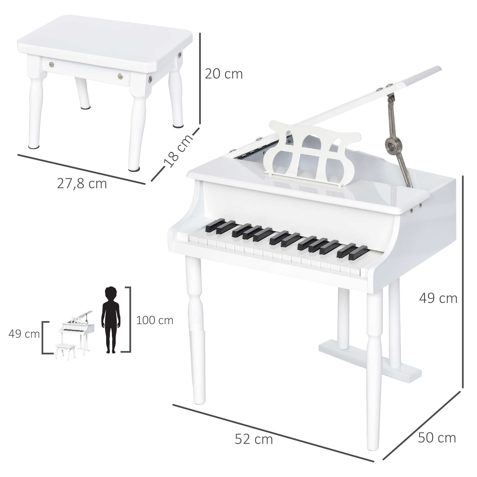 Piano de Cola Electrónico 30 Teclas con Atril Blanco