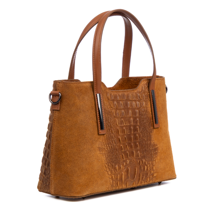 Fiesole bolso tote mujer. Piel auténtica Gamuza grabado cocodrilo.