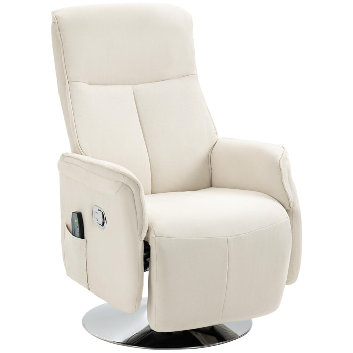 HOMCOM Sillón de Masaje Eléctrico con Reposapiés Sillón Relax Giratorio Reclinable hasta 135° con Control Remoto 10 Zonas de Masaje y Bolsillo Lateral 68,5x84x110 cm Crema