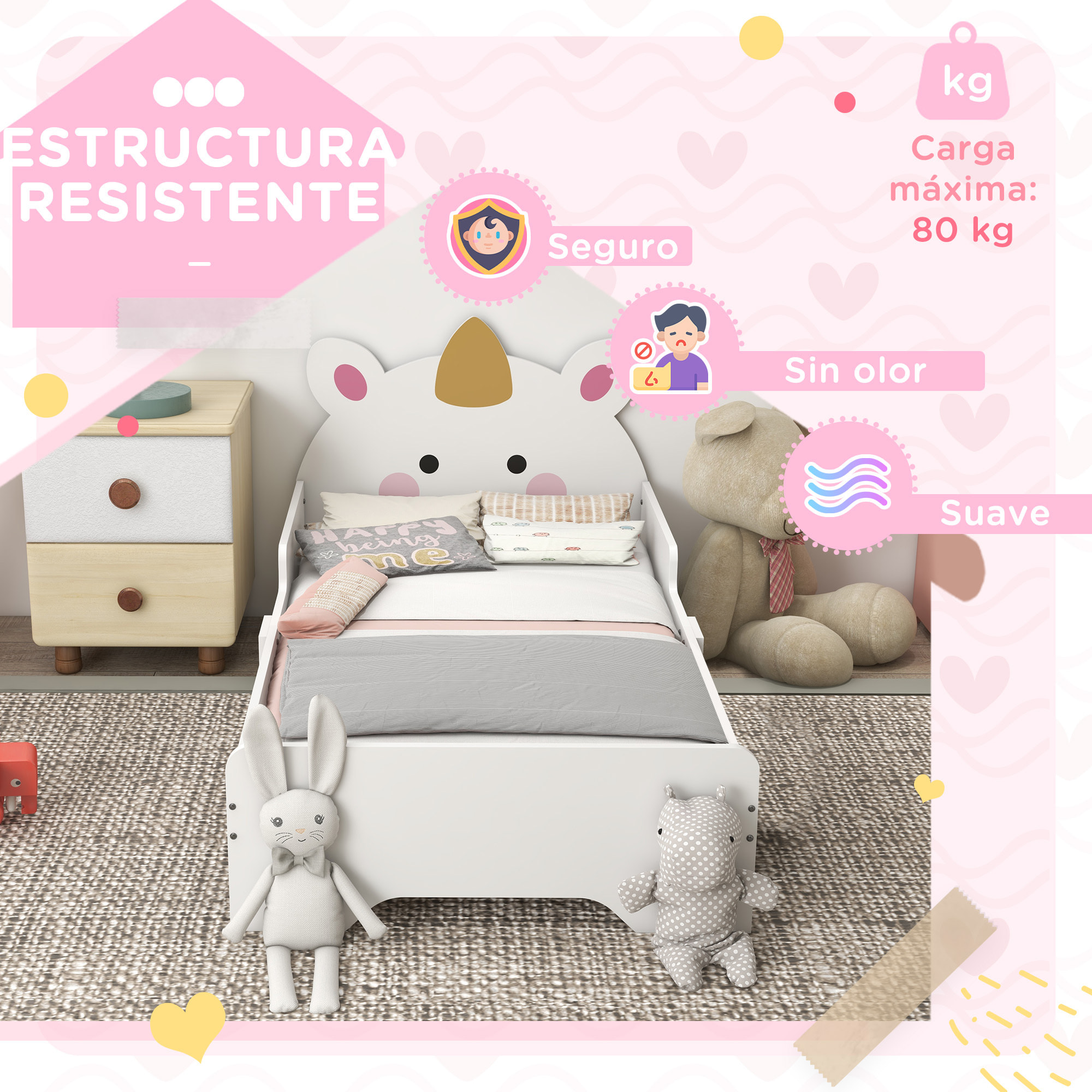 Cama para Niños de 3-6 Años 143x74x67 cm Cama Infantil de Madera en Forma de Unicornio Mueble de Dormitorio Moderno Carga 80 kg Blanco