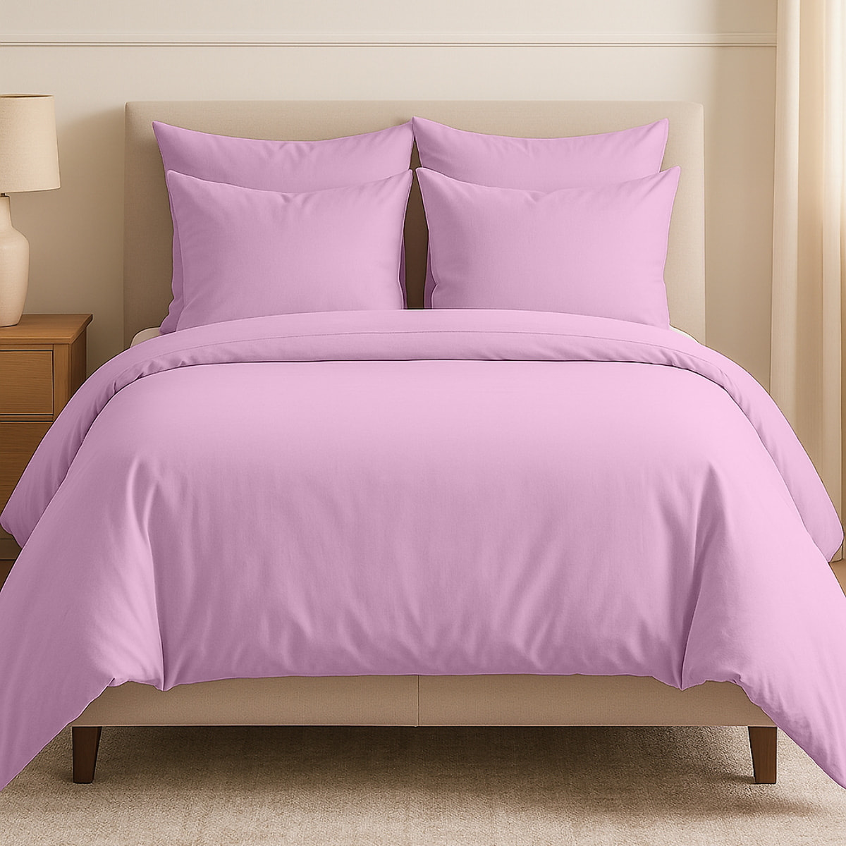 Parure Housse De Couette + 2 taies Coton 57 Fils Rose Rose