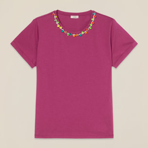Oltre - T-shirt con ricamo in pietre colorate - Viola