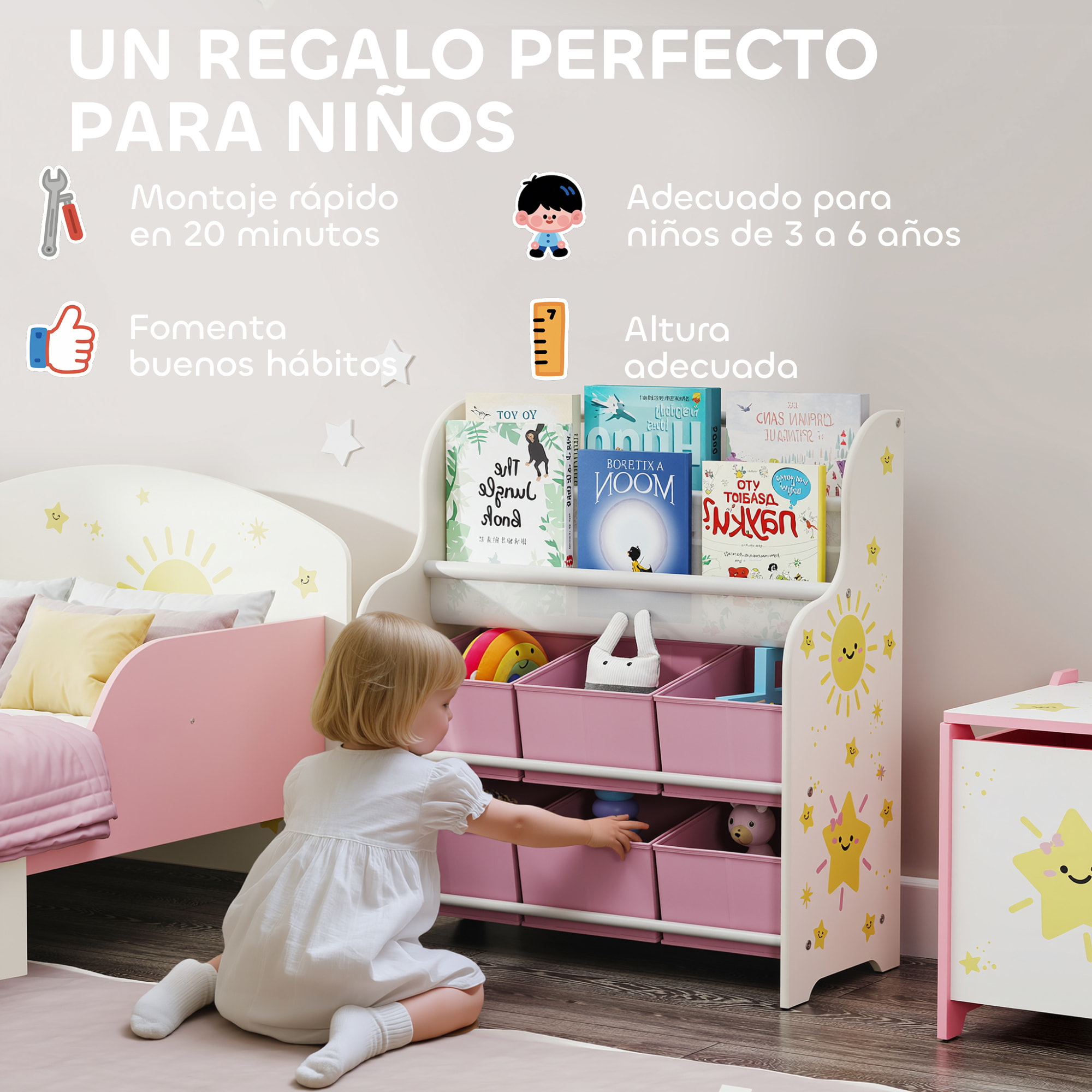 Estantería Infantil para Juguetes, con 6 Cajas Extraíbles de Tela no Tejida, Organizador de Juguetes con 2 Estantes, para Habitación Infantil, Sala de Juegos, Guardería, 63x30x71 cm, Rosa