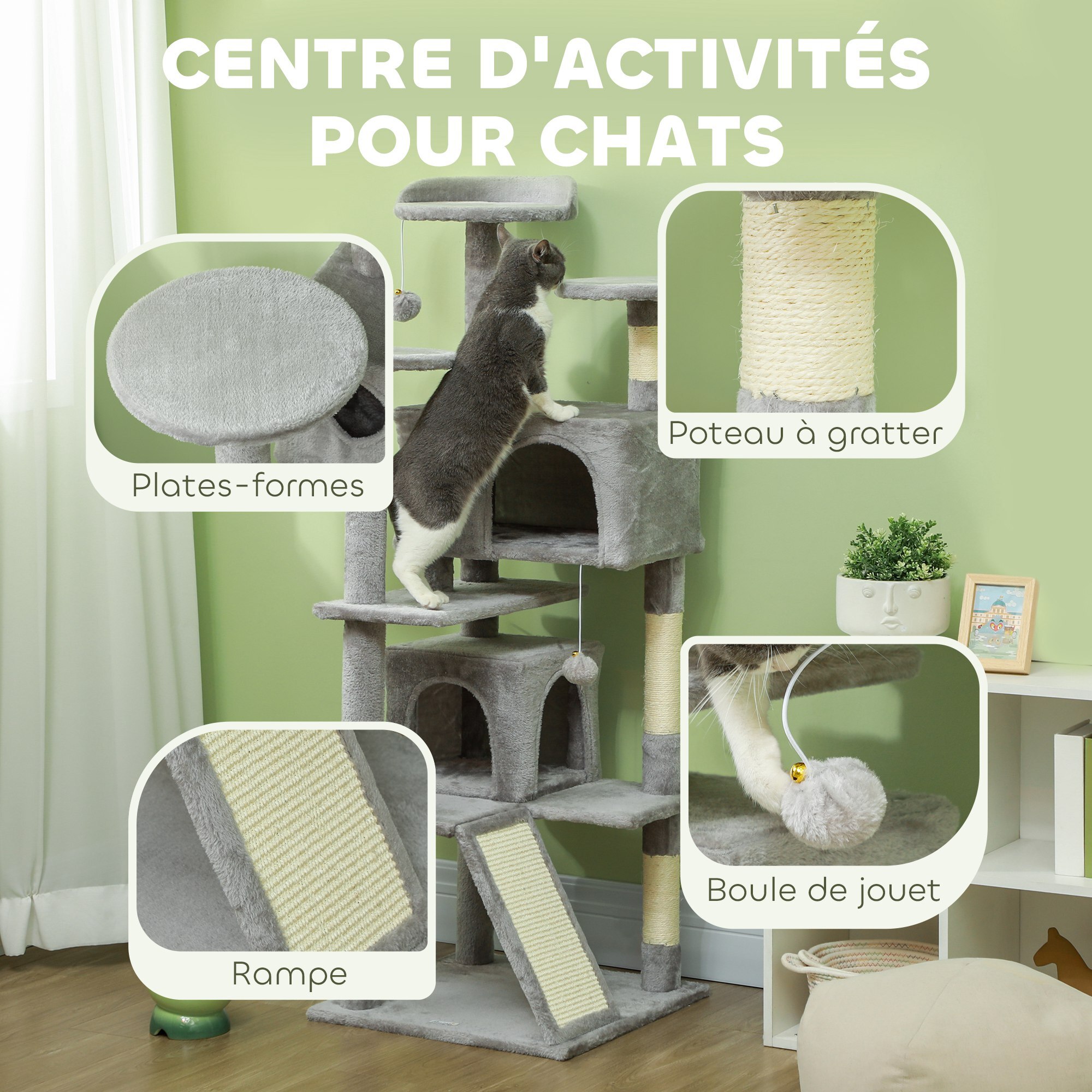 Arbre à chat 2 niches grattoir griffoirs plate-formes 2 niches 2 jouets pompons peluche grise