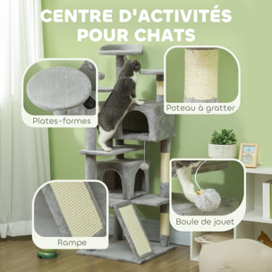 Arbre à chat 2 niches grattoir griffoirs plate-formes 2 niches 2 jouets pompons peluche grise