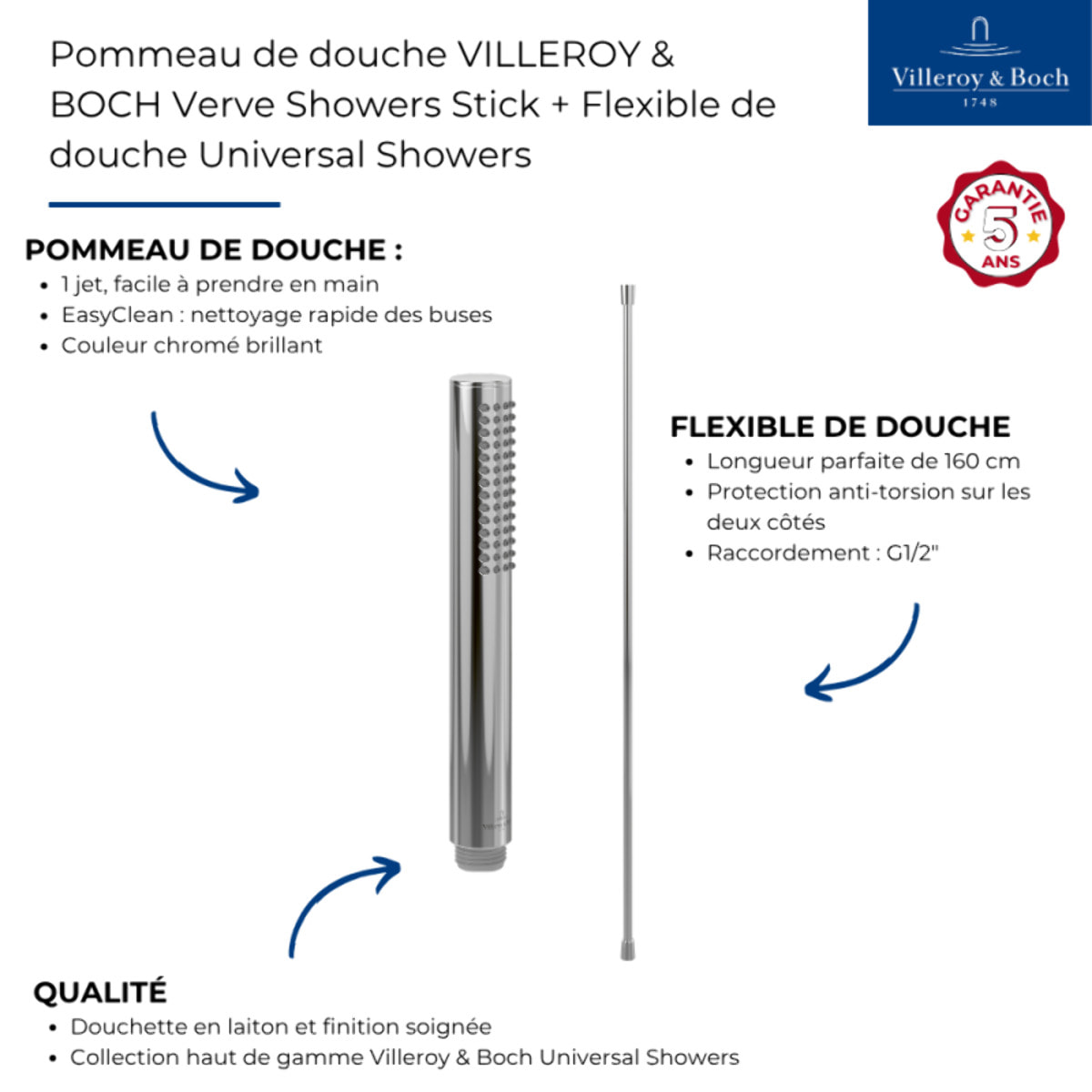 Pommeau de douche VILLEROY & BOCH Verve Showers Stick + Flexible de douche Universal Showers 160 cm Chromé