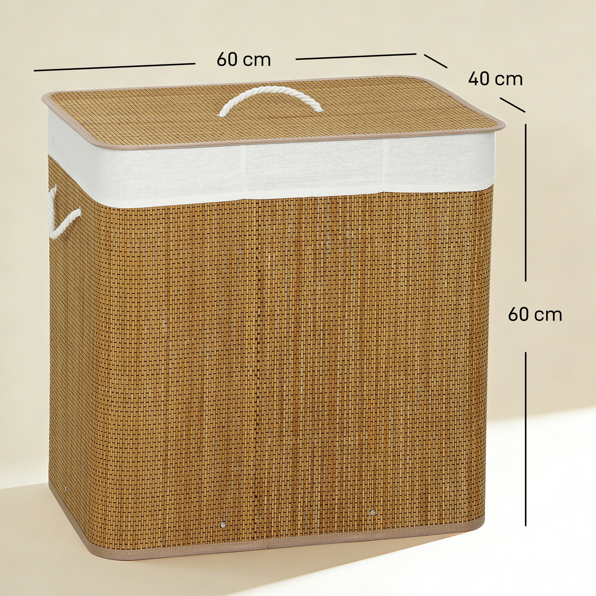 Cesto de Ropa Sucia con Tapa, 144L, Cesta Ropa Sucia de Bambú con 3 Compartimentos, Bolsa Interior Extraíble y Lavable, Asas, para Lavandería, Dormitorio, 60x40x60 cm, Marrón