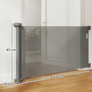 Barrera de Seguridad para Perros Retráctil 0-136 cm Puerta para Perros Pequeños Extensible con Interruptor de Cierre Red de Seguridad para Pasillos Escaleras Interiores y Exteriores