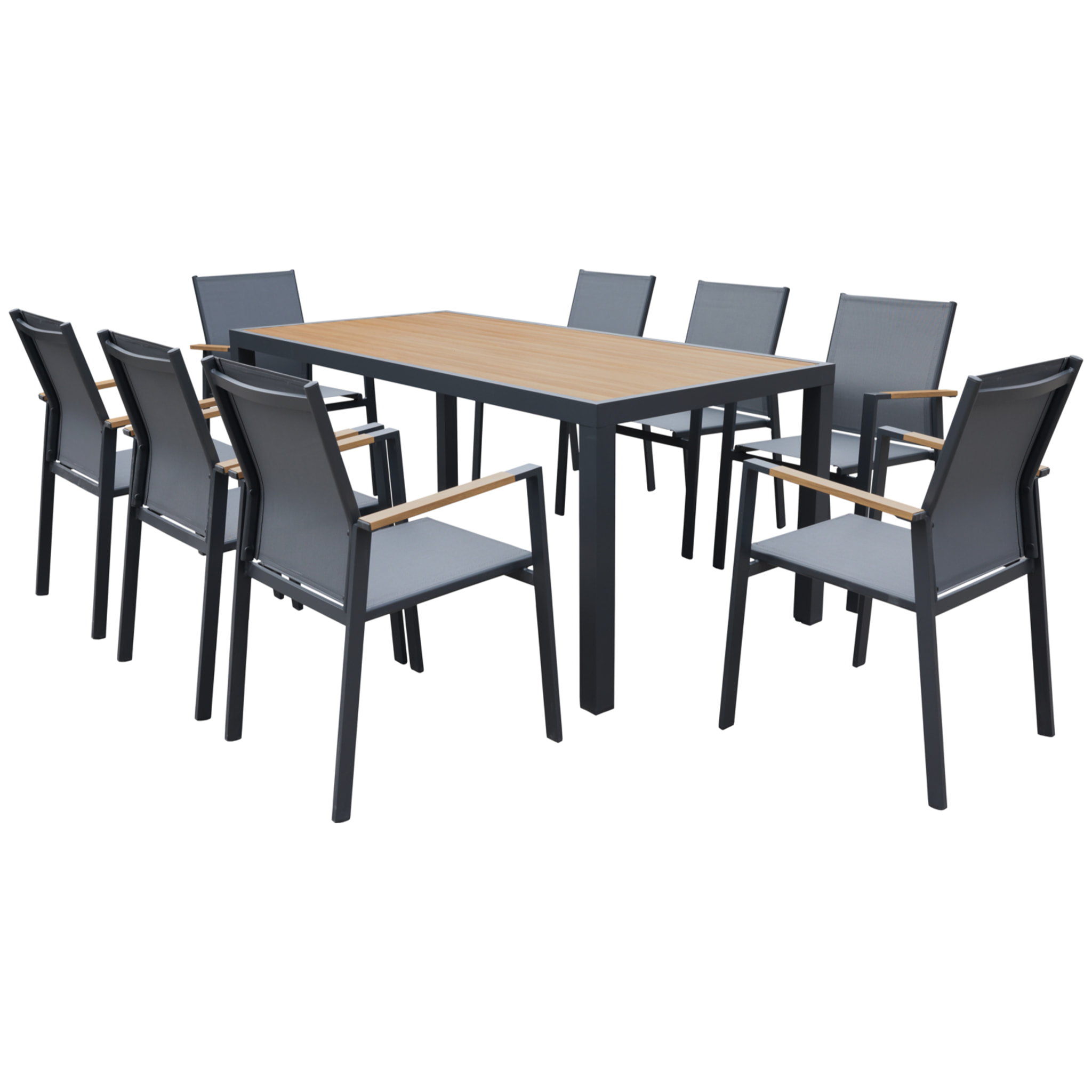 Salon de jardin PALERMO en textilène gris 8 places - aluminium anthracite et effet bois