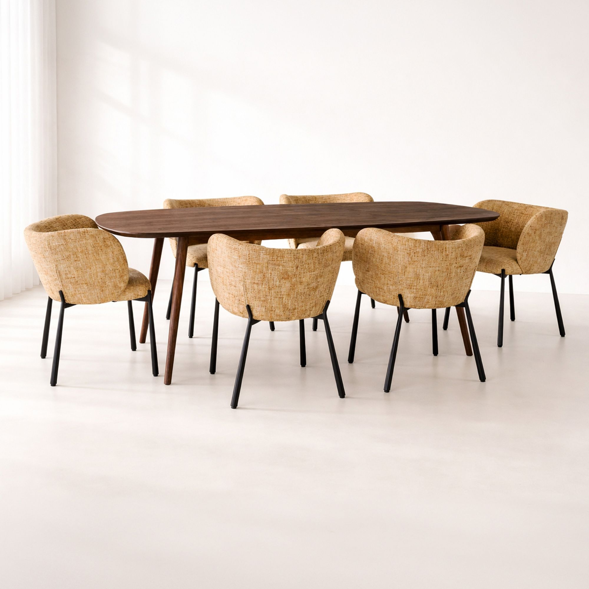 Ensemble table 200cm effet noyer et 6 fauteuils en tissu ocre SUZAN