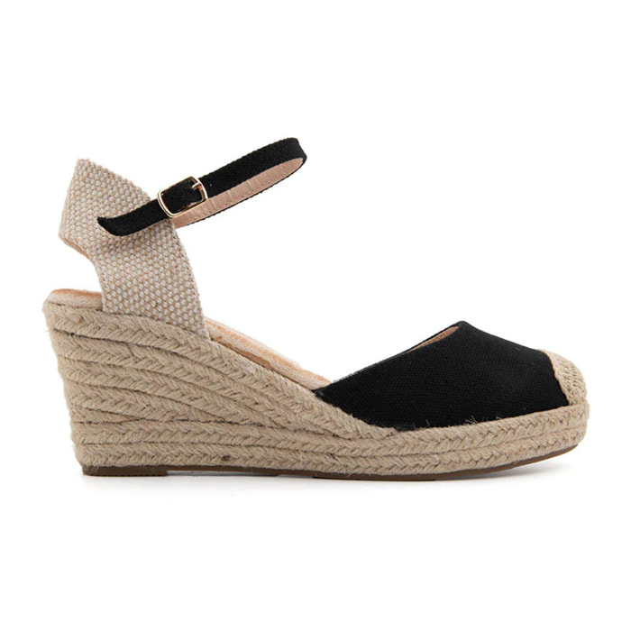 Espadrillas in tela a zeppa con cinturino - NERO