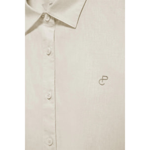 Camicia beige loose fit in lino e cotone con ricamo monogramma