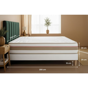 Ensemble Matelas Le Tendre - 28cm - Ressorts ensachés et mémoire de forme - Enveloppant - Sommier Tapissier Blanc