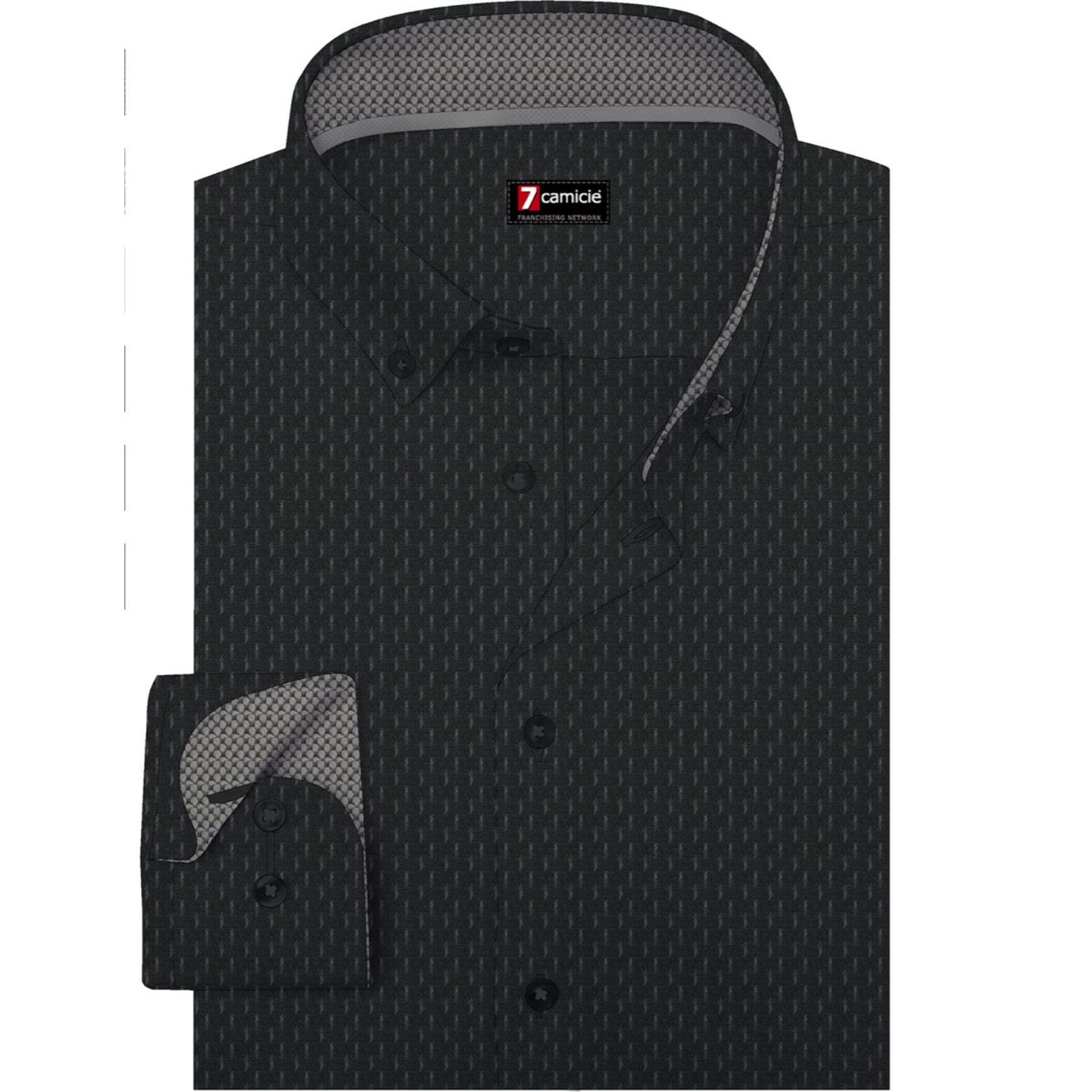 camicia uomo 1 bottone button down slim Jacquard Fantasia Nero/Grigio Chiaro