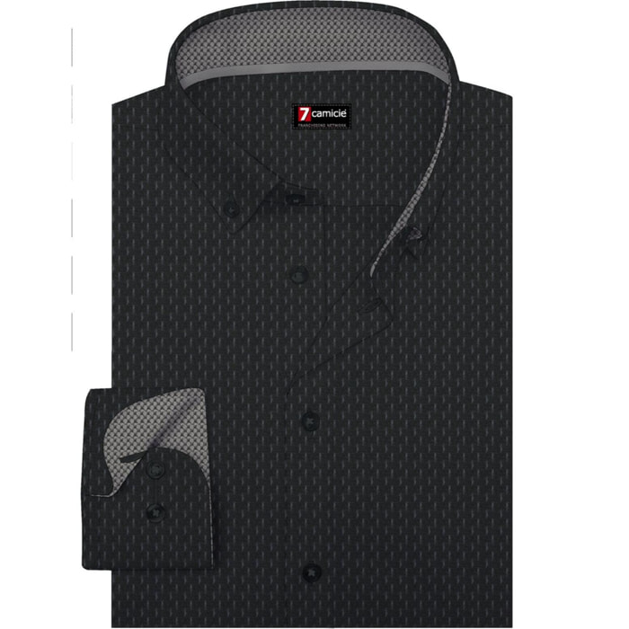camicia uomo 1 bottone button down slim Jacquard Fantasia Nero/Grigio Chiaro