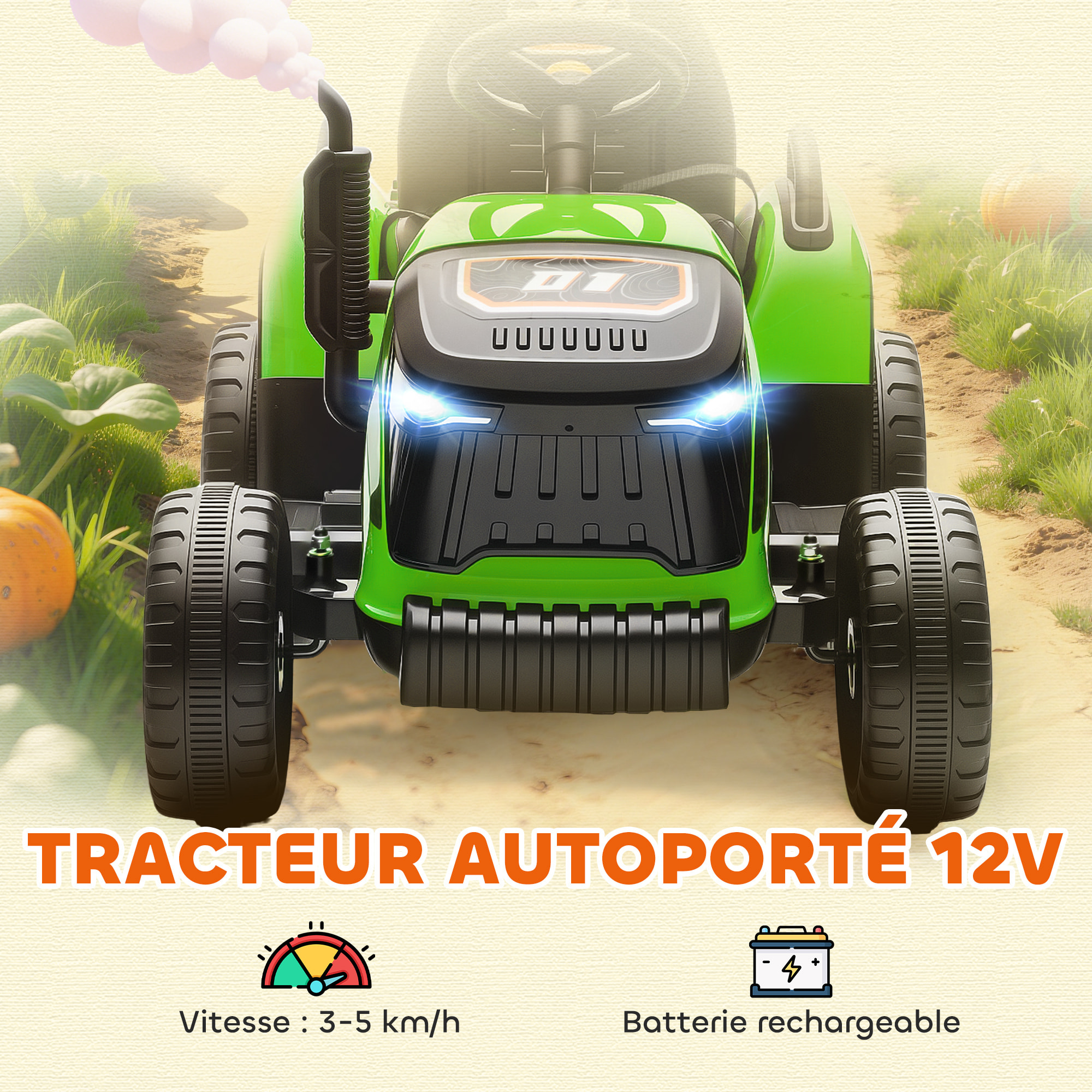 Tracteur électrique enfant avec remorque amovible et télécommande - effets sonores et lumineux - vert